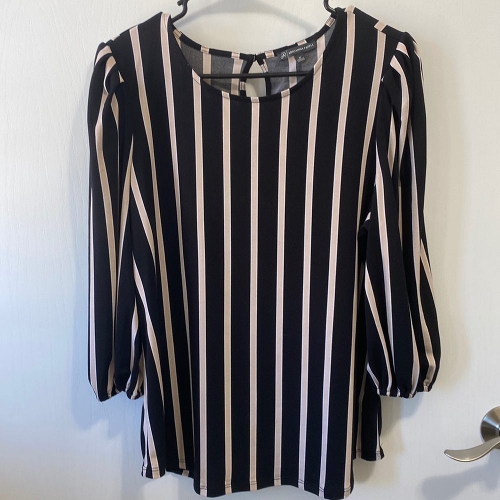 ADRIANNA PAPELL Striped Long Sleeve Cropped Sleeve Blouse Top Loose